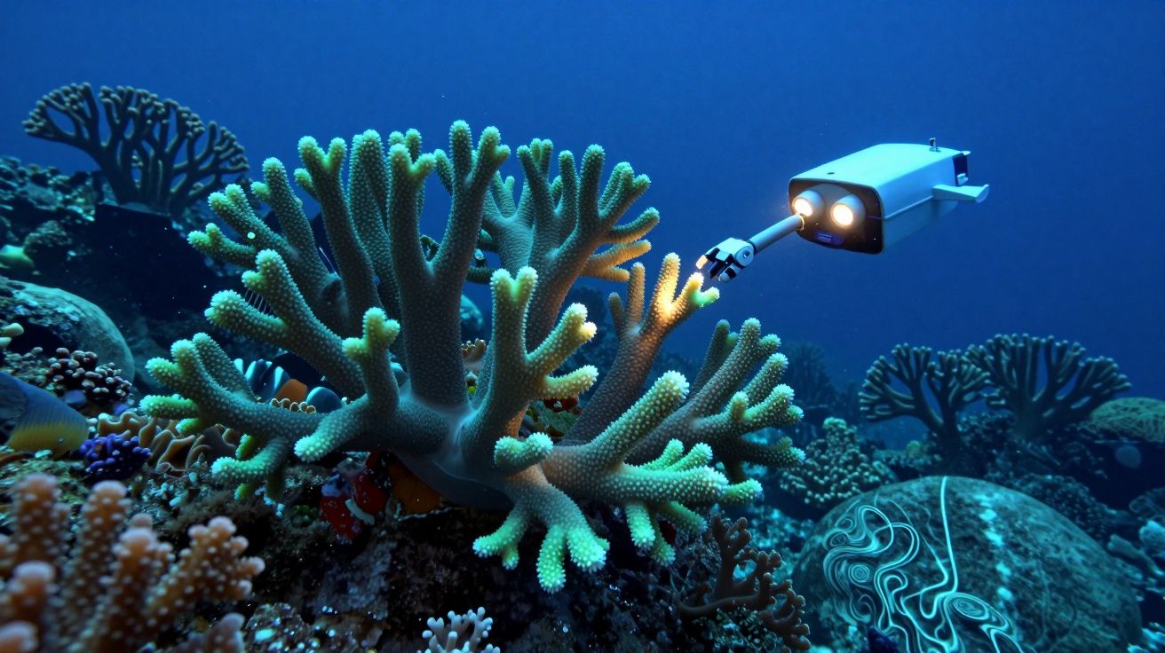 Podwodny robot oświetlający i badający kolorową rafę koralową w głębokim oceanie.