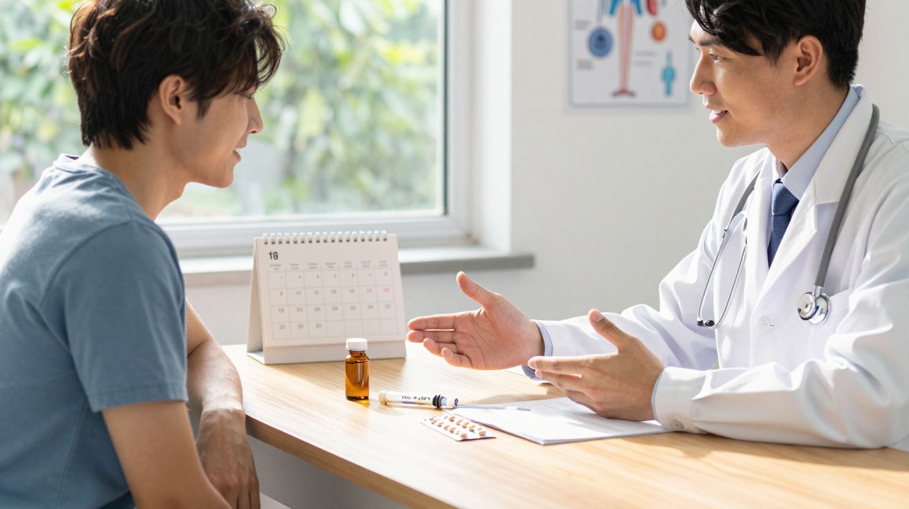 Lekarz tłumaczy pacjentowi dawkowanie leków podczas konsultacji w gabinecie medycznym.