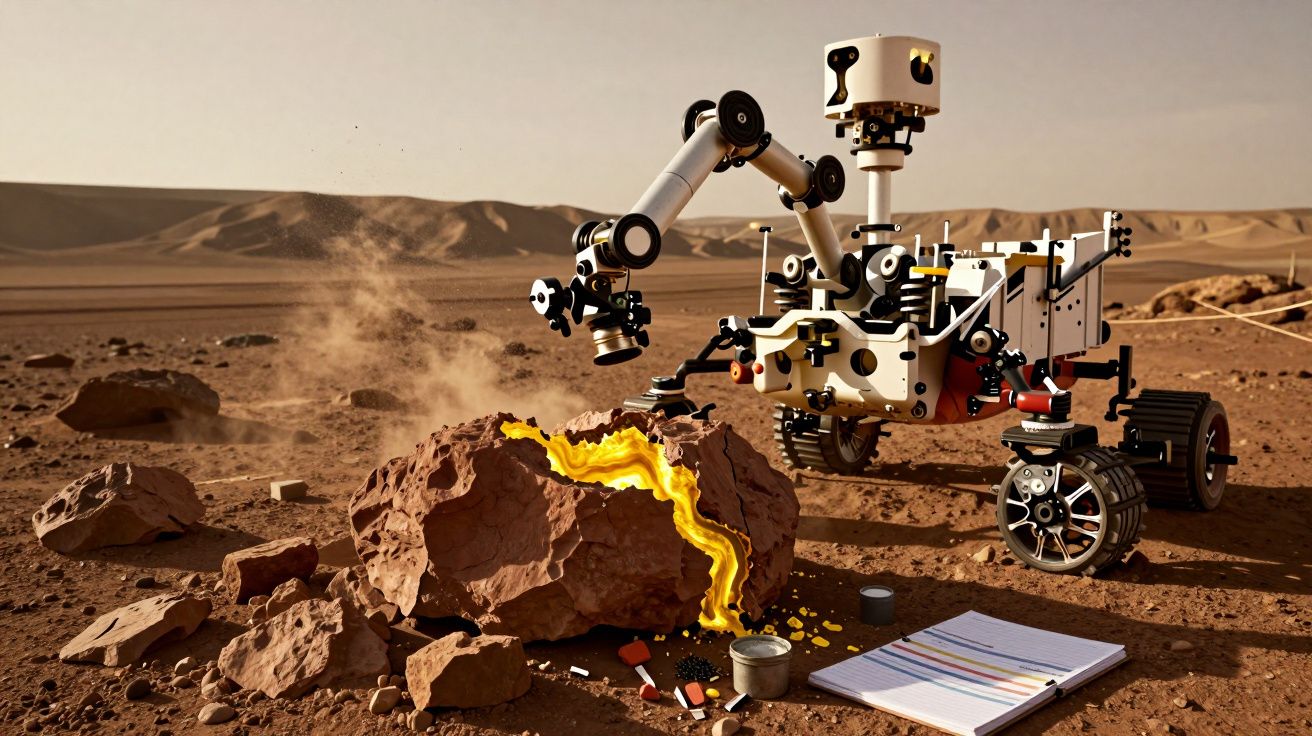 Łazik marsjański badający rozłupany skałę na pustynnej, skalistej powierzchni Marsa z notatnikiem obok.