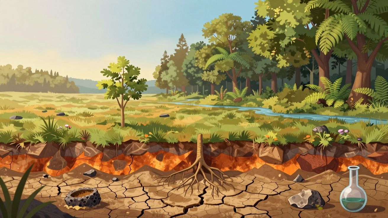 Ilustracja przekroju gleby z drzewem, korzeniami, roślinami i strumieniem na tle zielonego lasu.