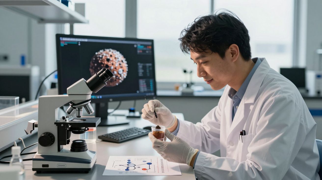Badacz w laboratorium analizujący próbkę przy mikroskopie i monitorze z modelem molekularnym.