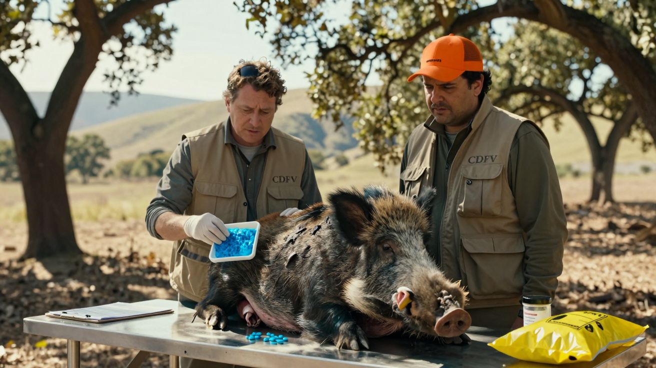 Dwóch mężczyzn przebiera leżącego dzika na stole w plenerze, używają tabletek i sprzętu weterynaryjnego.