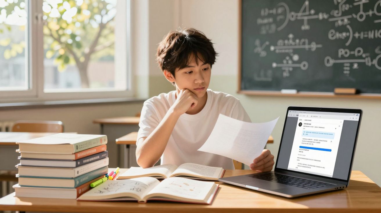 Chłopiec siedzi przy biurku z książkami i laptopem, czyta dokument w jasnej klasie szkolnej.