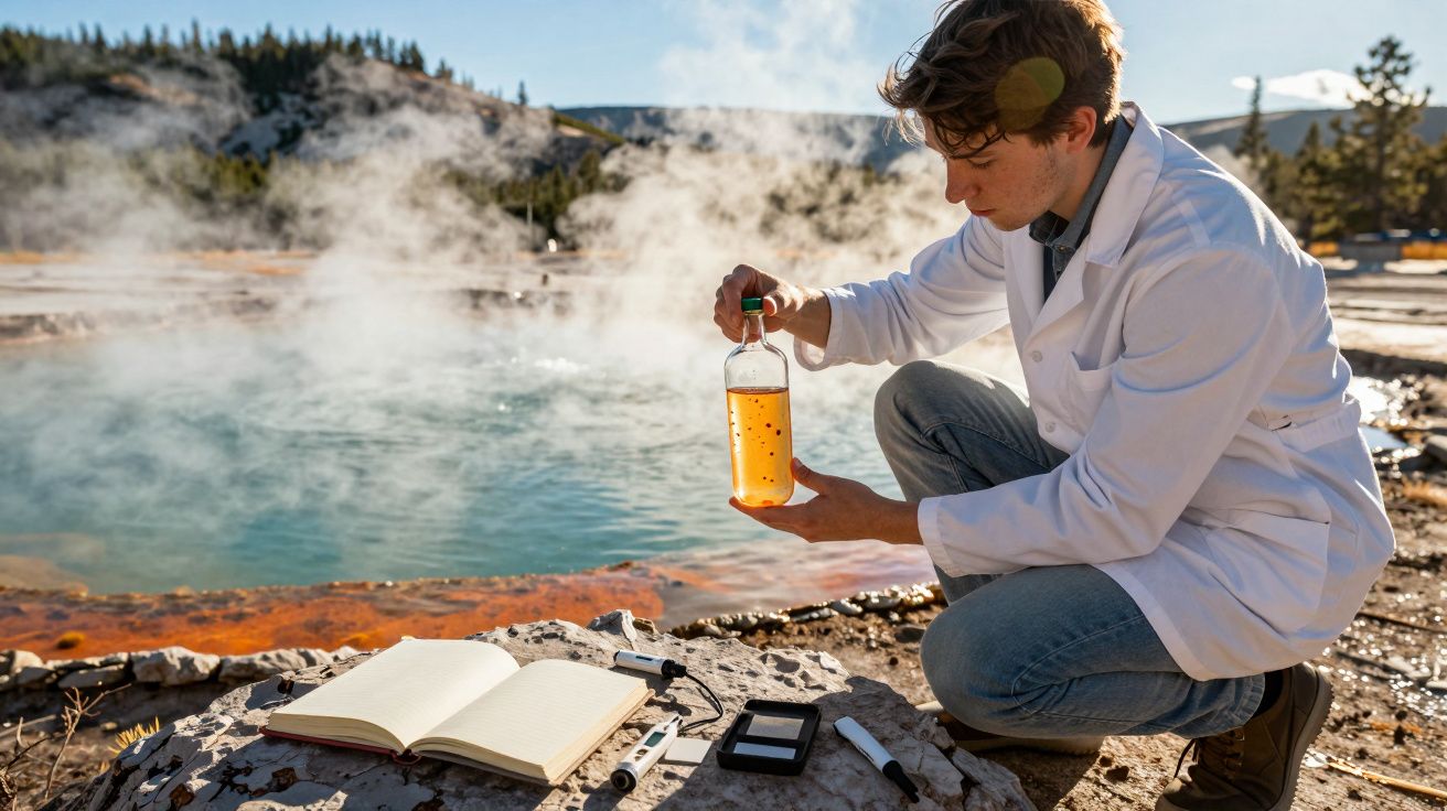 Naukowiec w białym fartuchu bada próbkę wody przy parującym gorącym źródle na zewnątrz.