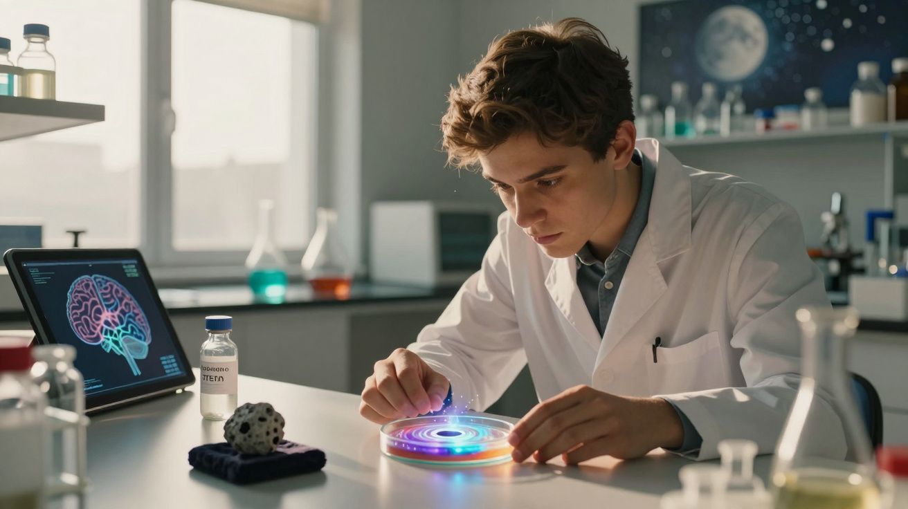 Młody naukowiec w białym fartuchu badający świetlny hologram czarnych dziur w laboratorium.