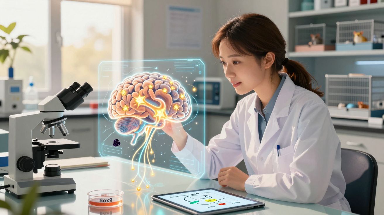 Naukowiec w białym fartuchu analizujący holograficzny obraz mózgu w nowoczesnym laboratorium.