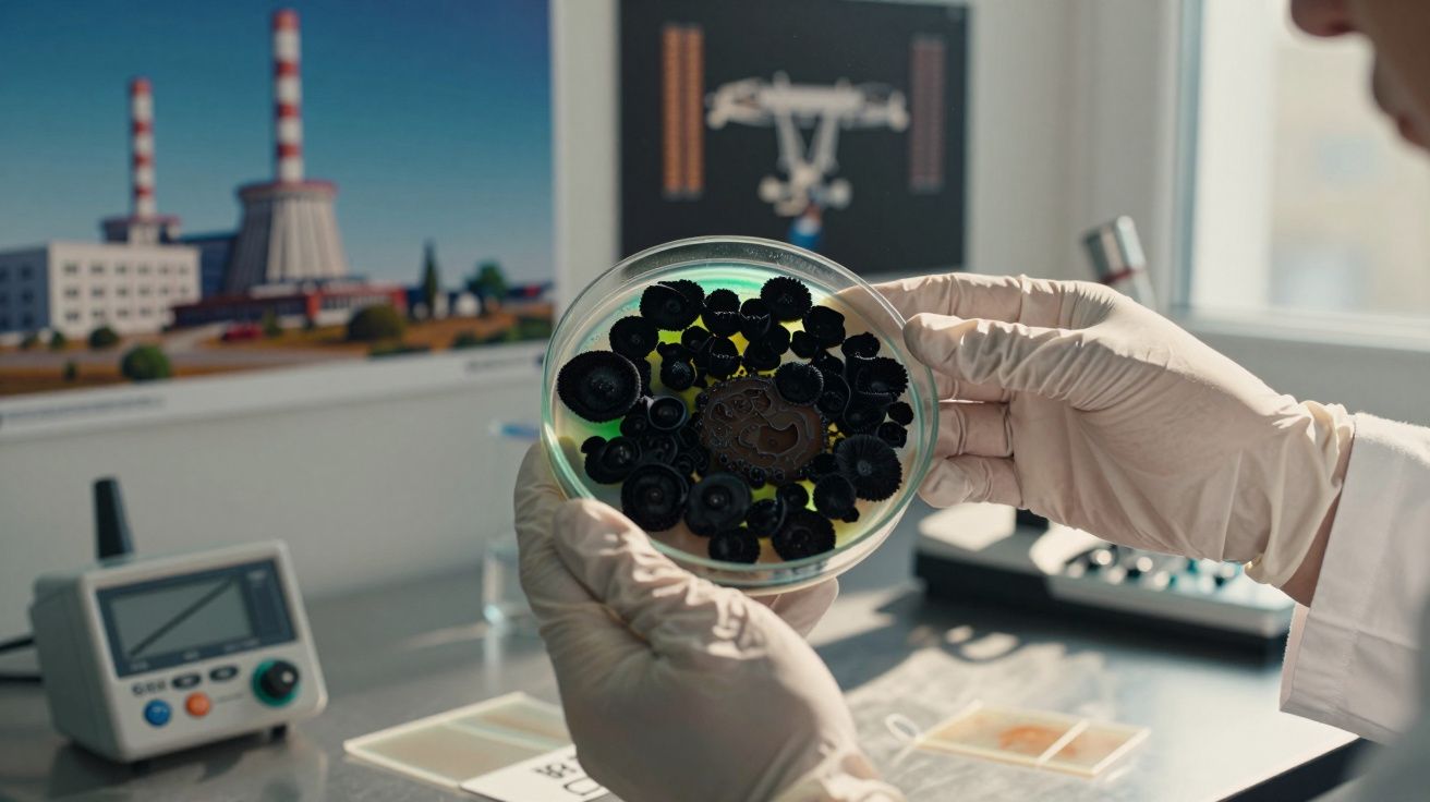 Osoba w rękawiczkach trzymająca szalkę Petriego z próbkami do badań w laboratorium.