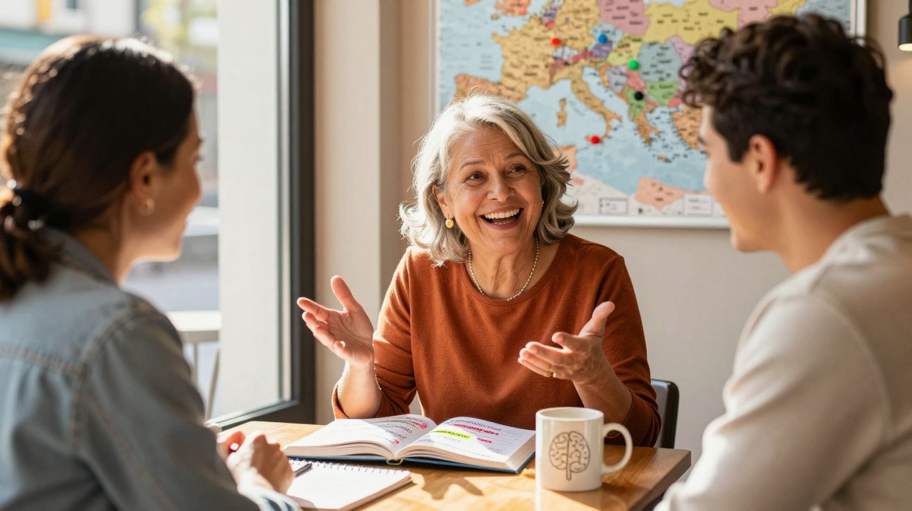 Starsza kobieta uczy młodsze osoby, uśmiechając się przy stole z książkami i mapą Europy w tle.