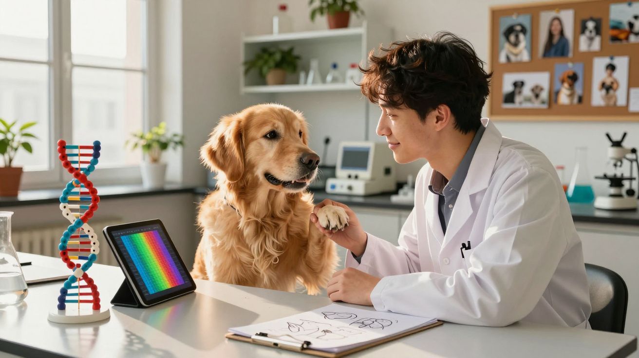 Weterynarz w białym fartuchu bada i podaje łapę złotemu retrieverowi w nowoczesnym laboratorium weterynaryjnym.