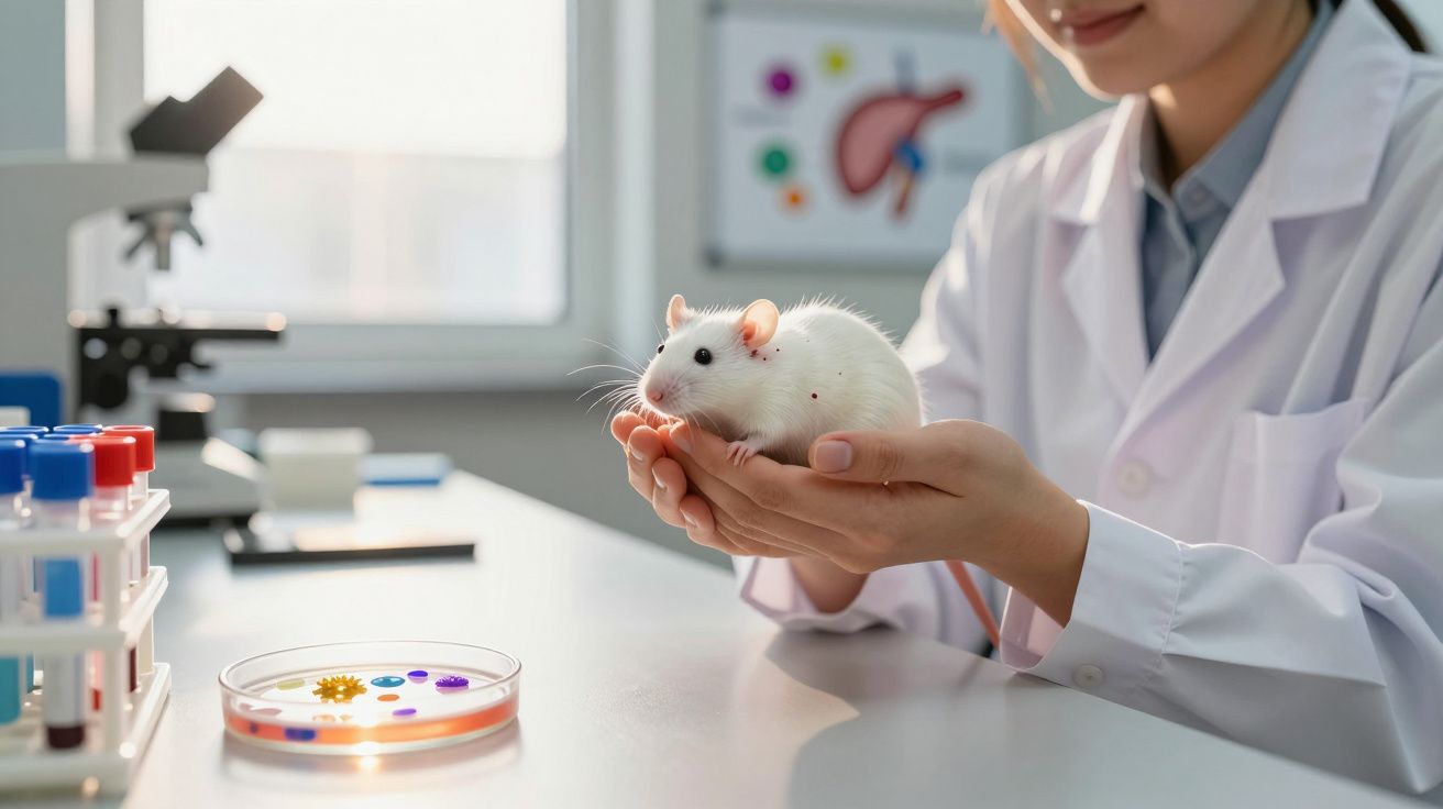 Naukowiec w laboratorium trzyma białą mysz doświadczalną przy stole z probówkami i mikroskopem.