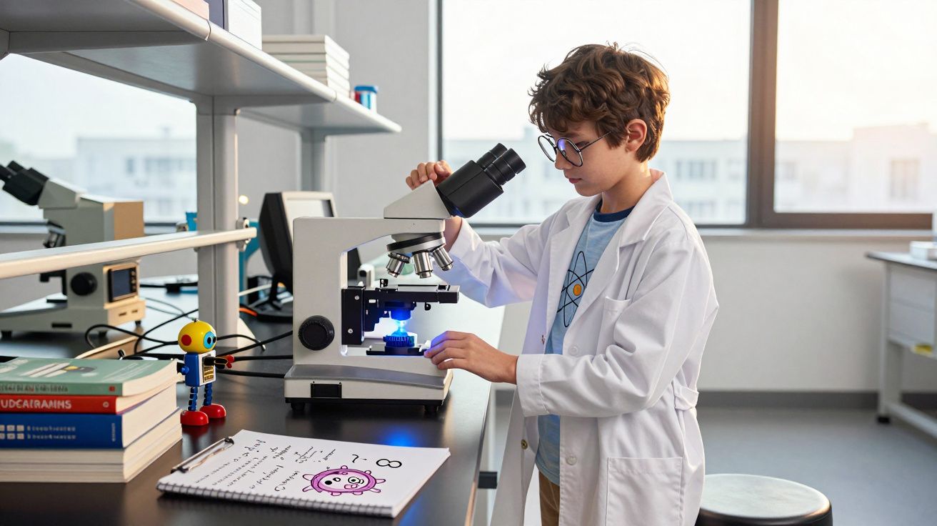 Chłopiec w białym fartuchu używa mikroskopu w jasnym laboratorium naukowym.