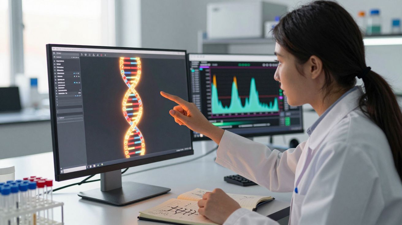 Kobieta naukowiec analizująca obraz DNA na monitorze w laboratorium z wykresami na drugim ekranie.