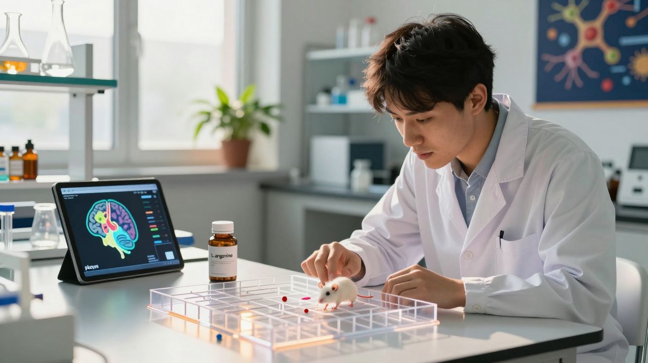 Naukowiec w białym fartuchu prowadzi eksperyment z białą myszą w laboratorium.