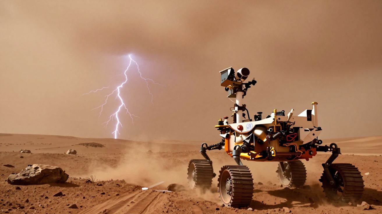 Łazik marsjański na piaszczystym terenie podczas wyładowania atmosferycznego na Marsie.