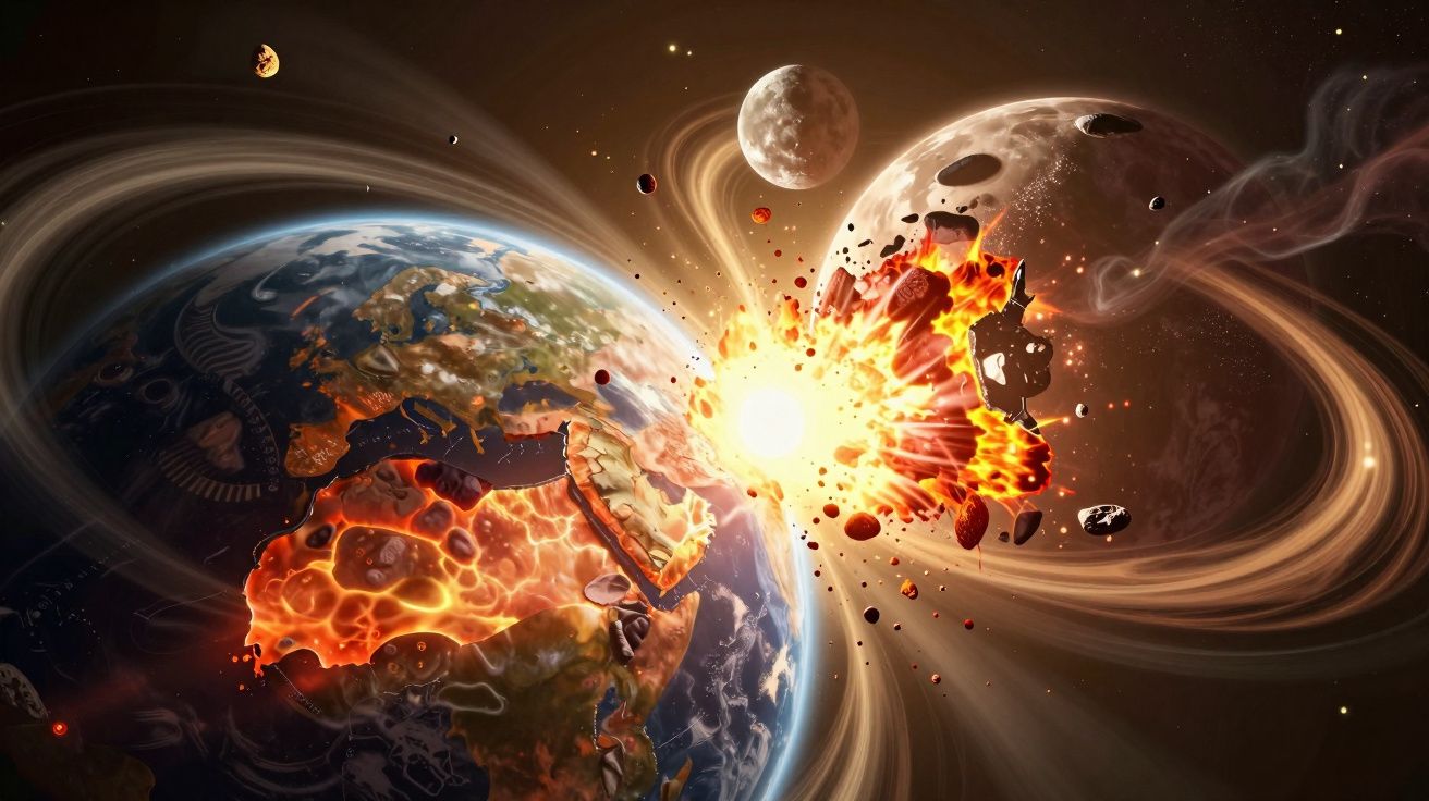 Zderzenie Ziemi z ogromnym meteorytem, eksplozja i rozbłysk ognia w kosmosie z widocznymi księżycami.