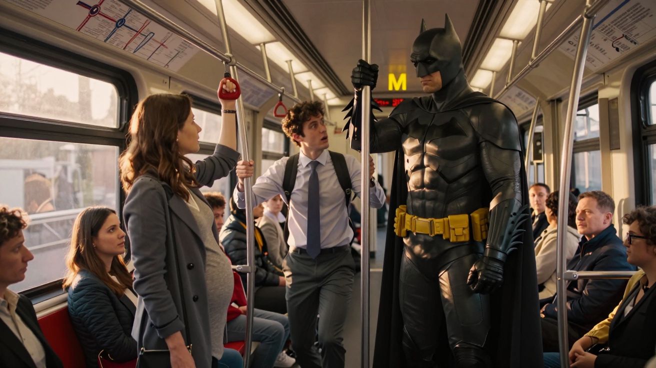 Mężczyzna w kostiumie Batmana stoi w zatłoczonym tramwaju pełnym pasażerów.