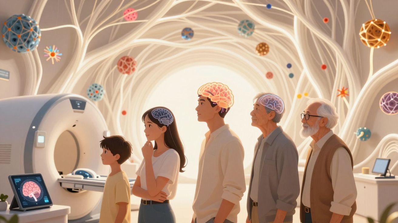 Ilustracja pokazuje pięć osób w różnym wieku z naświetlonymi mózgami na tle aparatu do rezonansu magnetycznego.