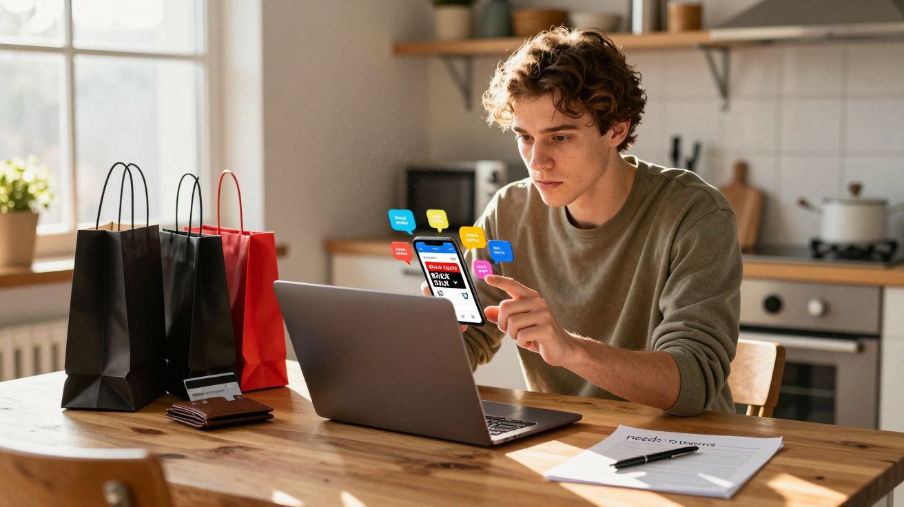 Młody mężczyzna korzysta z laptopa i telefonu, siedząc przy stole z torbami zakupowymi i dokumentami.