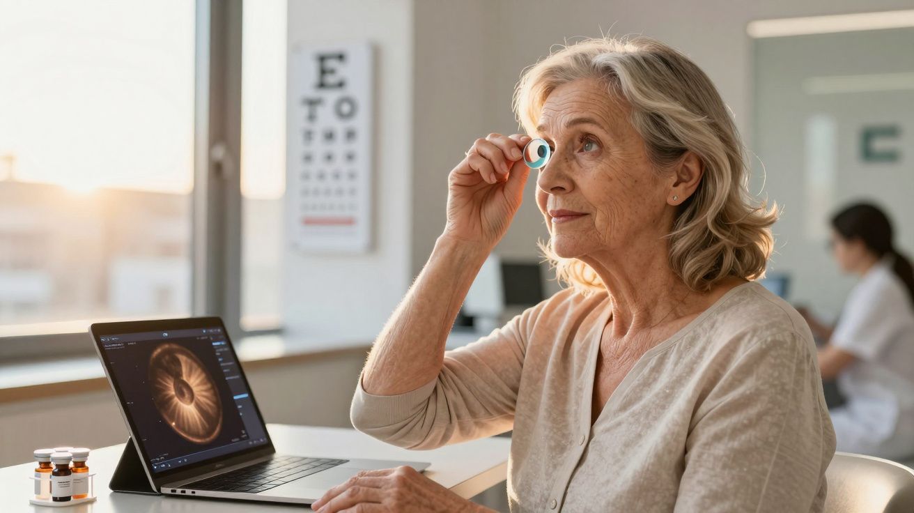 Starsza kobieta wykonująca badanie wzroku w gabinecie okulistycznym z mapą oka na laptopie.