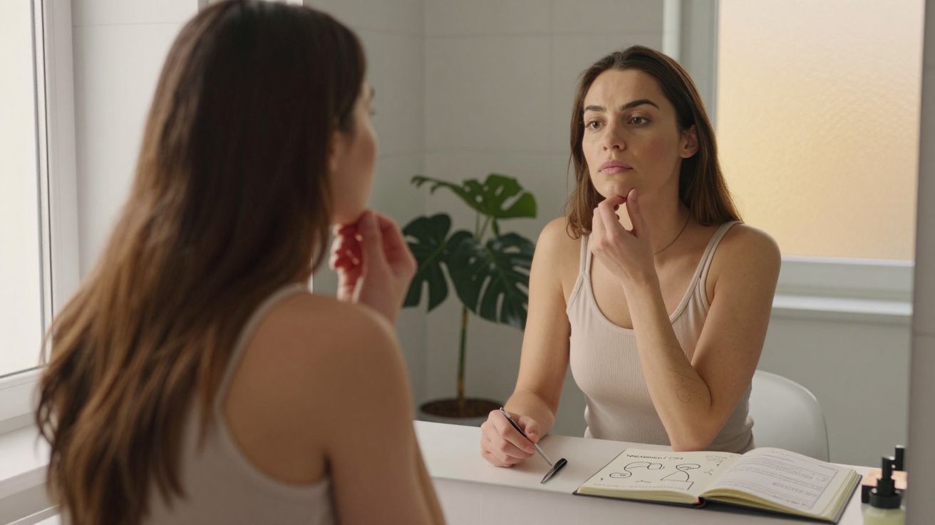 Kobieta przegląda się w lustrze, trzyma długopis i notatnik na blacie przed sobą.