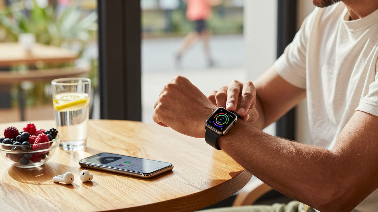 Mężczyzna sprawdza smartwatch siedząc przy stole z telefonem, owocami i szklanką wody z cytryną.