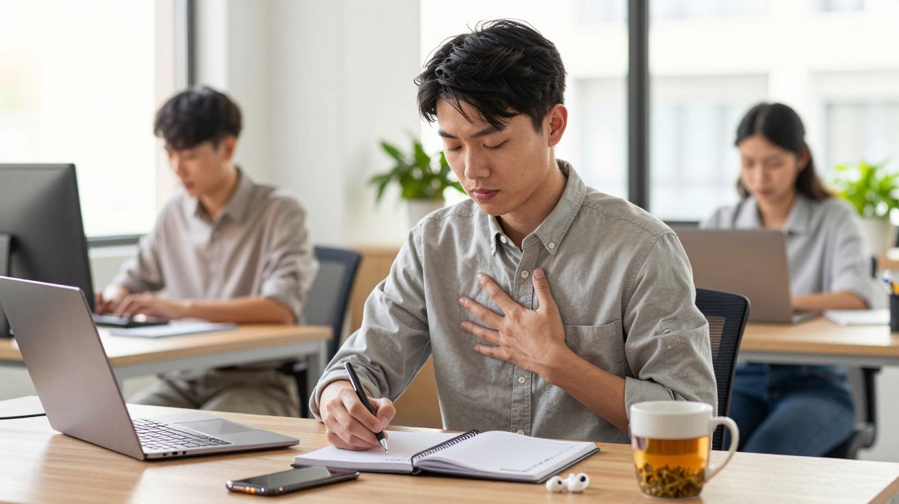 Mężczyzna trzyma się za klatkę piersiową, siedząc przy biurku z laptopem i notatnikiem w biurze.