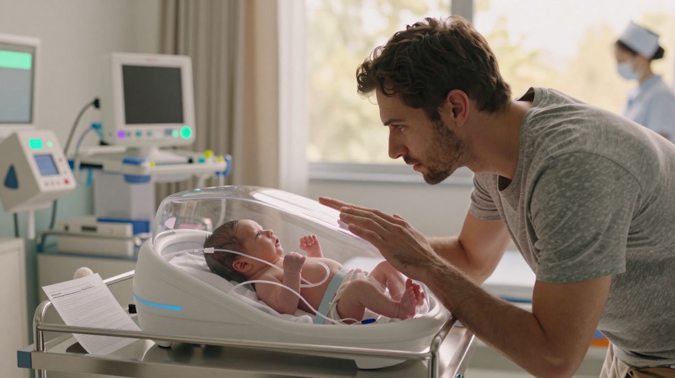 Mężczyzna pochyla się nad noworodkiem w inkubatorze na oddziale noworodkowym szpitala.
