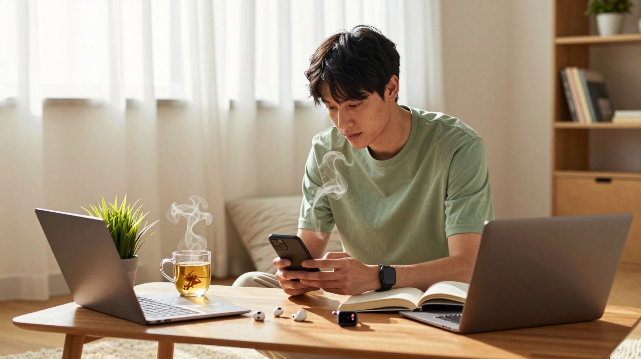 Mężczyzna siedzący przy stoliku z laptopami, czytając telefon, obok parująca herbata i książka.