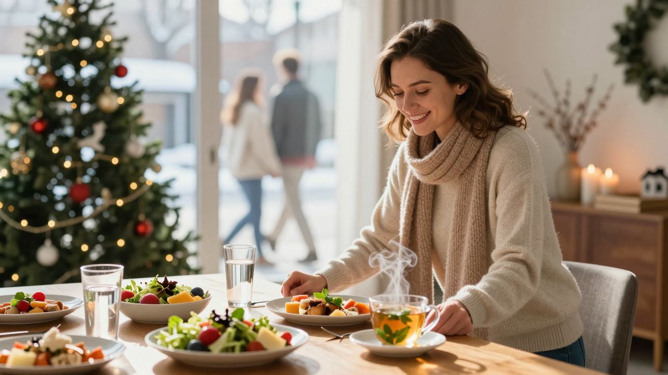 Kobieta siedzi przy stole z jedzeniem i gorącą herbatą, w tle ozdobiona świątecznie choinka.
