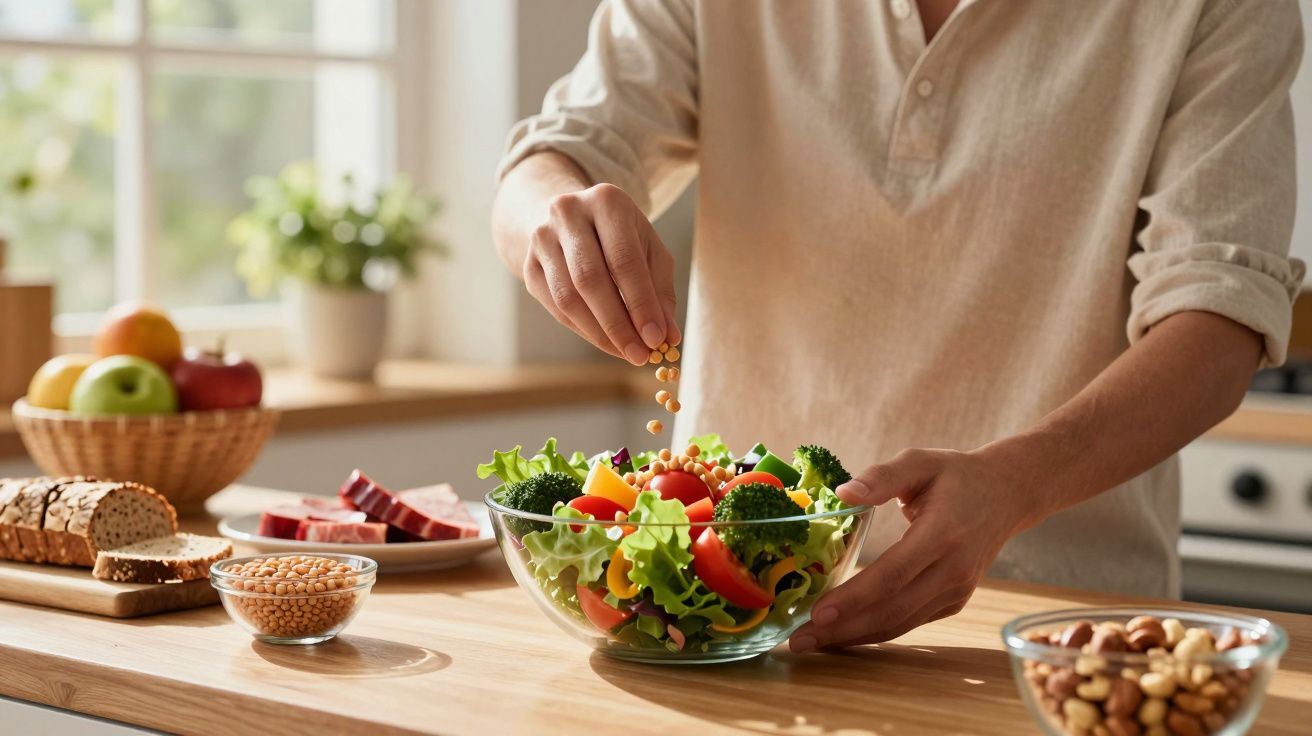 Osoba przygotowująca sałatkę z warzyw w kuchni na jasnym drewnianym blacie.