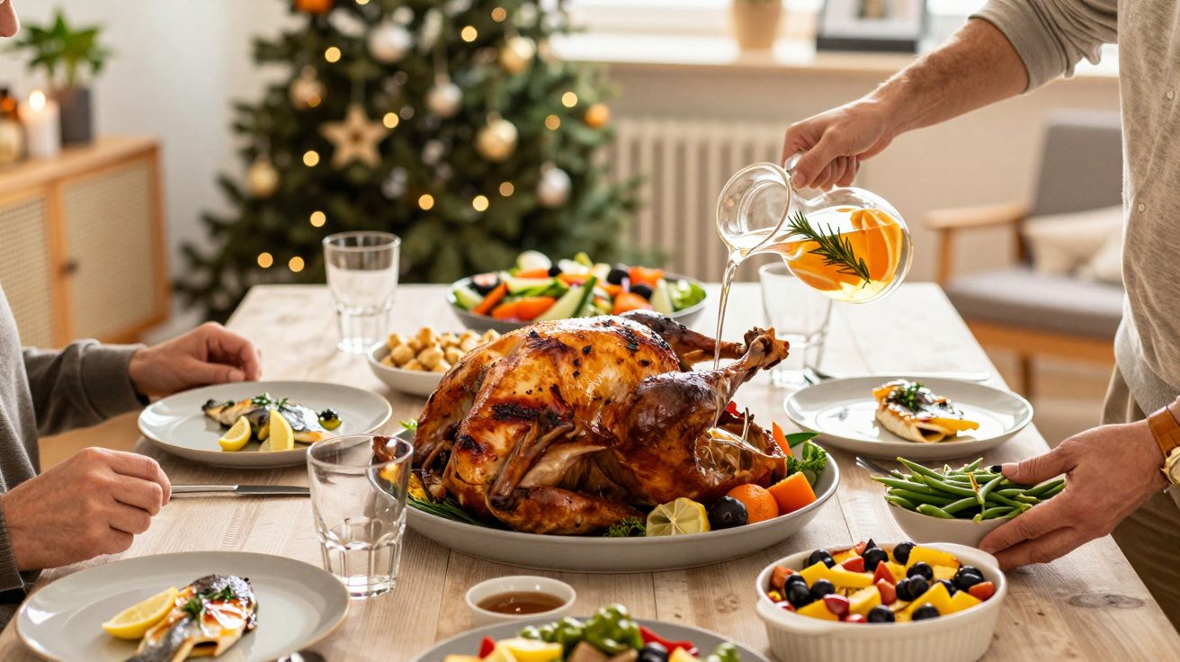 Świąteczny obiad przy stole z pieczonym kurczakiem, sałatkami i dekorowaną choinką w tle.
