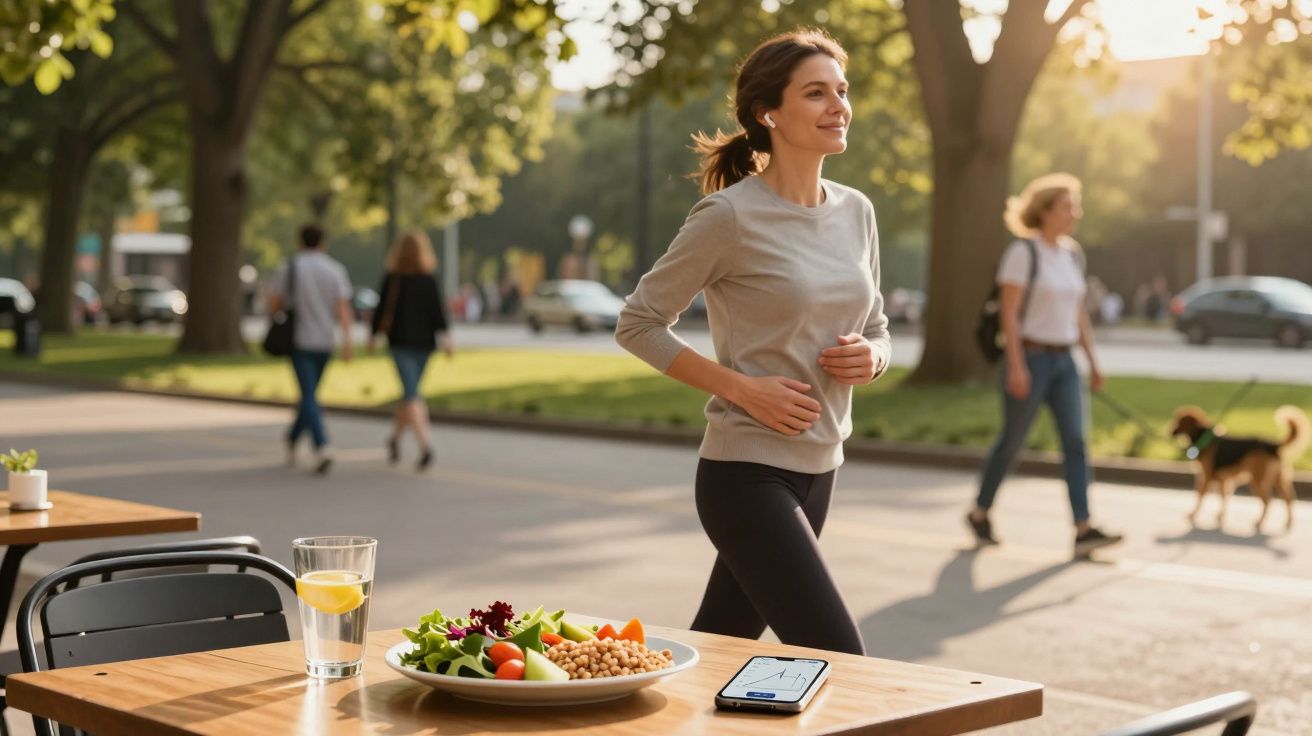 Młoda kobieta biegająca w parku przy stole z sałatką i smartfonem na pierwszym planie.