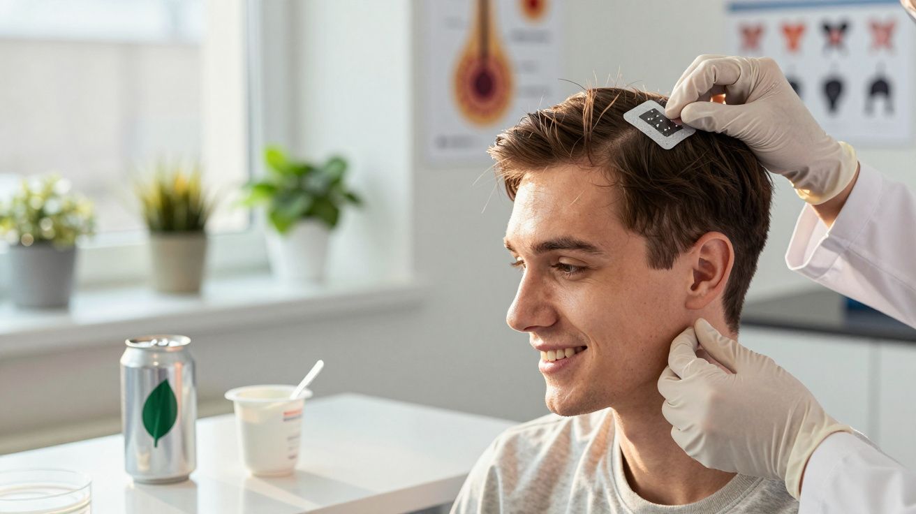Mężczyzna podczas badania skóry głowy przez specjalistę w gabinecie medycznym.