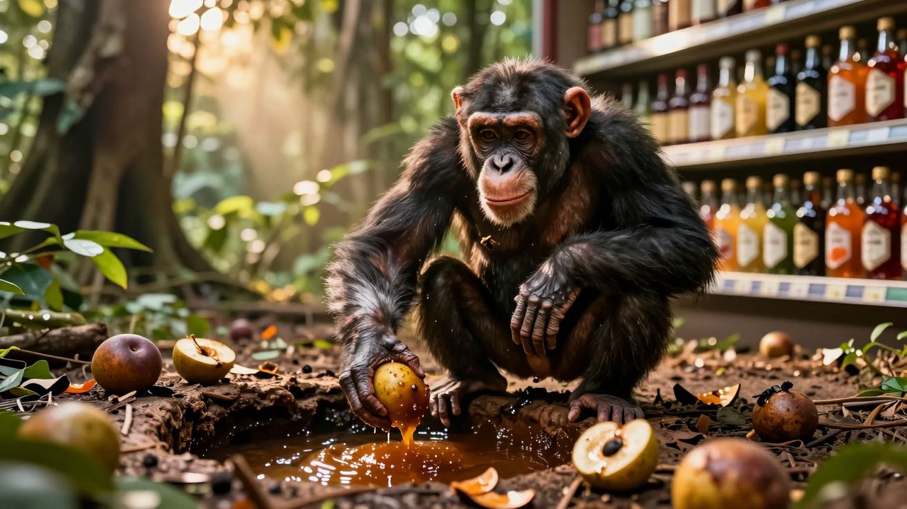 Szympans zanurzający owoc w wodzie obok półek z butelkami w leśnym otoczeniu.
