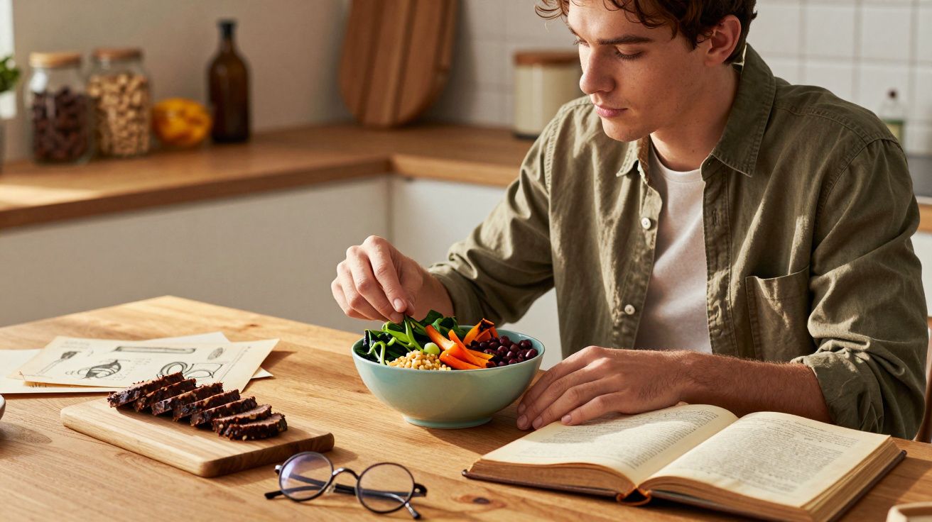 Młody mężczyzna jedzący sałatkę przy drewnianym stole z otwartą książką i okularami.