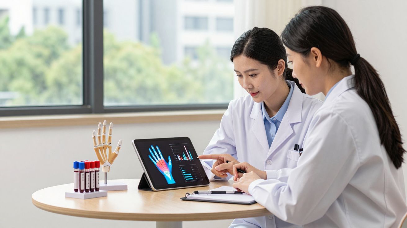 Dwie lekarki omawiają wyniki badania dłoni wyświetlane na tablecie w gabinecie medycznym.