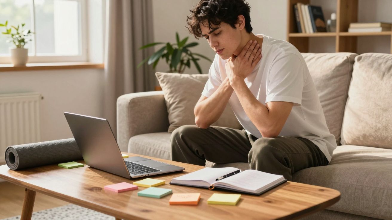 Młody mężczyzna siedzi na kanapie, trzyma się za gardło, obok laptop, notes i karteczki samoprzylepne.