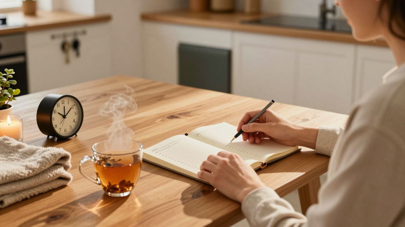 Osoba pisząca w notesie przy drewnianym stole z parującą herbatą, zegarem i świecą w kuchni.