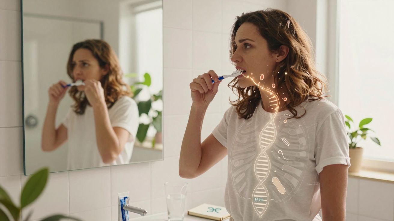 Kobieta myjąca zęby przed lustrem, z animacją DNA i mikroorganizmów nad jej szyją.