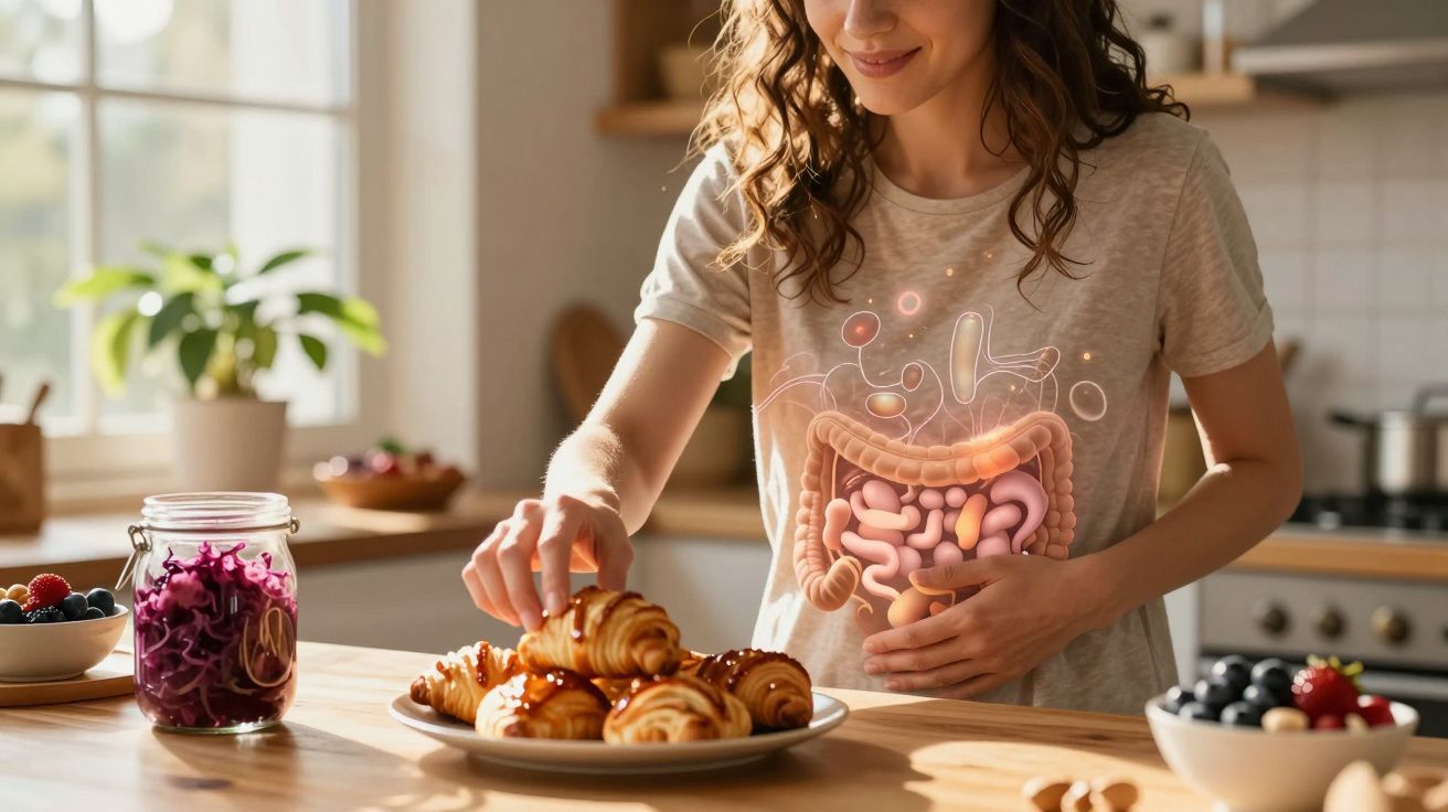 Kobieta sięgająca po rogalika, z animacją układu pokarmowego na torsie, stojąca w kuchni.