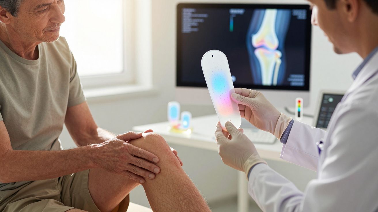 Pacjent pokazuje lekarzowi bolące kolano podczas konsultacji ortopedycznej z rentgenem w tle.
