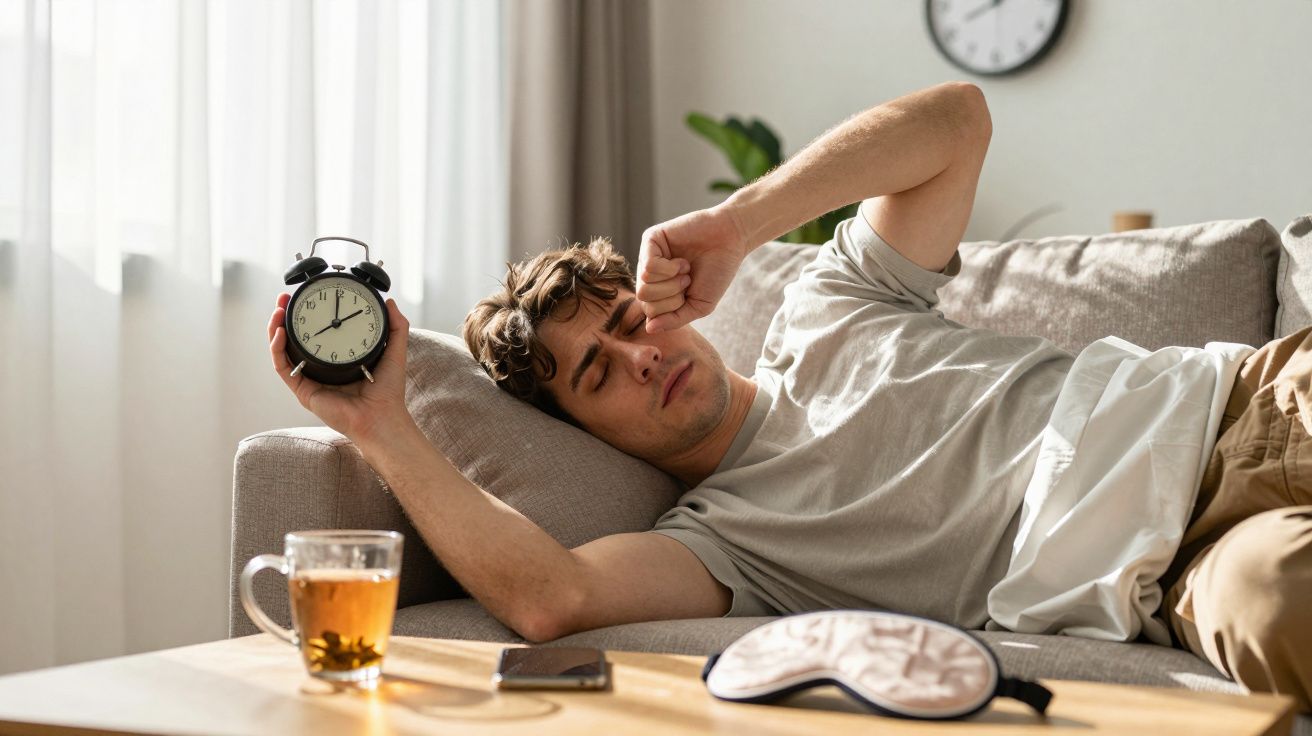 Mężczyzna z zamkniętymi oczami leżący na kanapie trzyma budzik, obok filiżanka herbaty i maska na oczy.