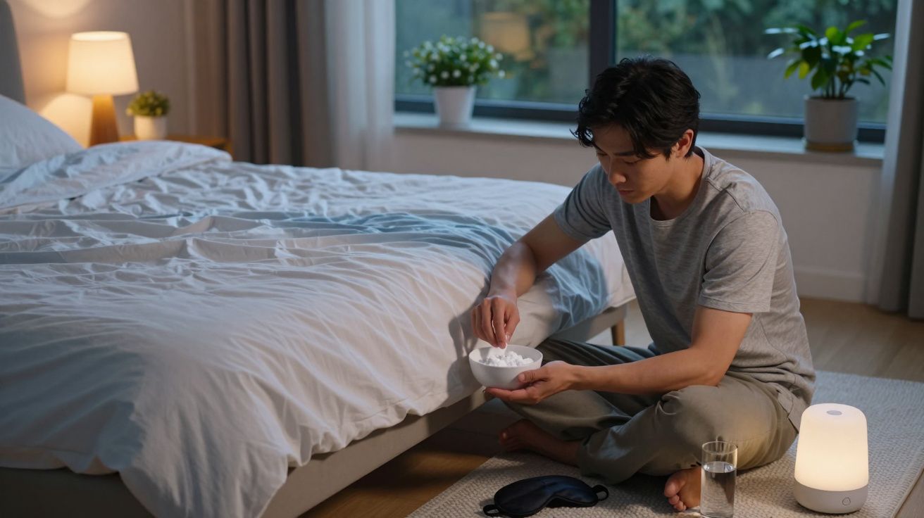 Mężczyzna siedzi na podłodze w sypialni, jedząc przekąskę z miski obok łóżka i lampki nocnej.