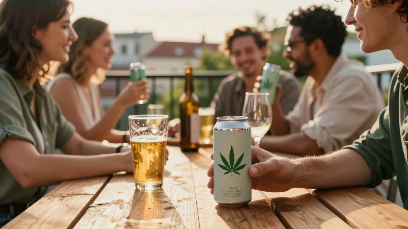 Grupa przyjaciół siedzi przy drewnianym stole, pijąc napoje i rozmawiając na zewnątrz.