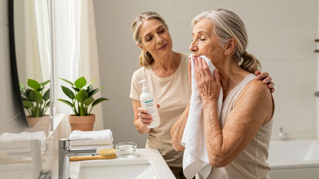 Dwóch kobiet w łazience, młodsza pomaga starszej w pielęgnacji twarzy przy umywalce.