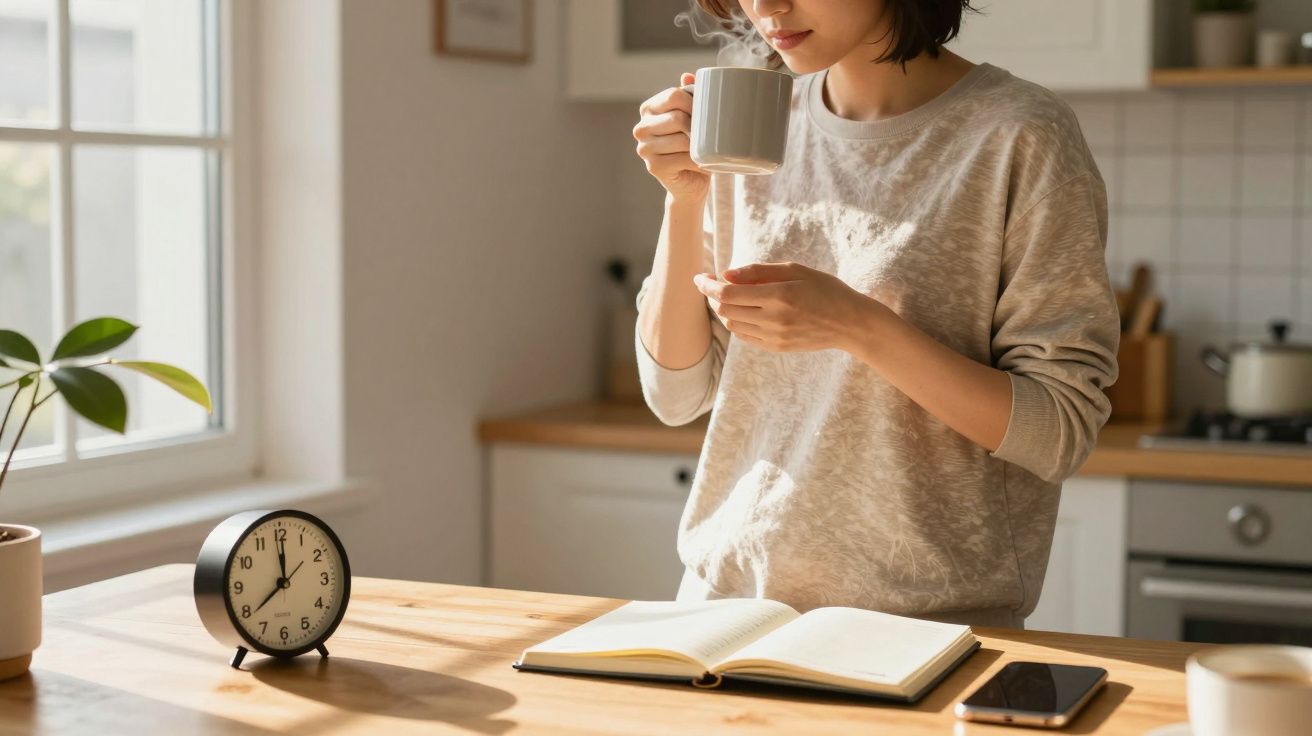 Kobieta pijąca kawę przy kuchennym stole z otwartym notesem, budzikiem i telefonem.