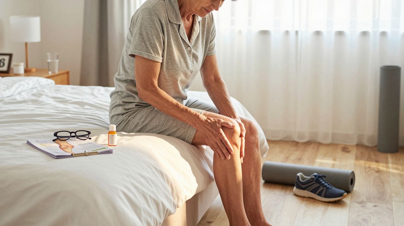 Starsza kobieta siedzi na łóżku i trzyma się za bolące kolano w jasnym pokoju.