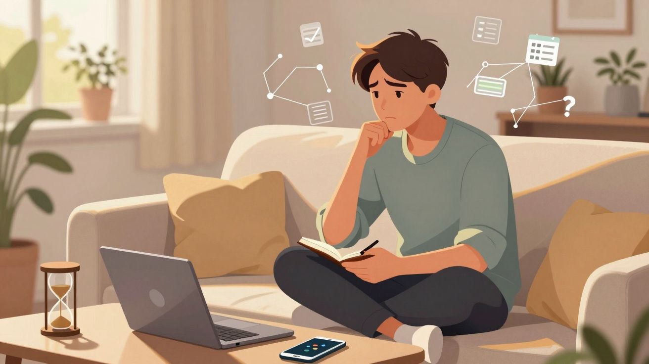 Młody mężczyzna siedzi na kanapie, zamyślony, z notatnikiem i laptopem w przytulnym pokoju.