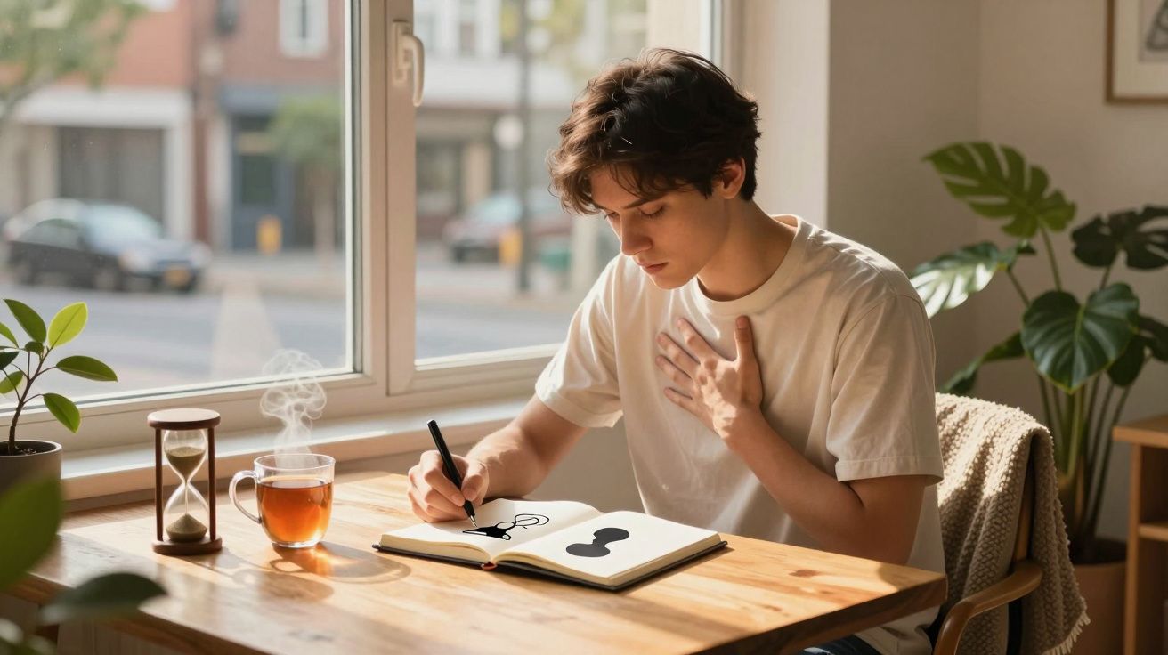 Młody mężczyzna rysujący w szkicowniku przy drewnianym stole obok parującej herbaty i klepsydry.