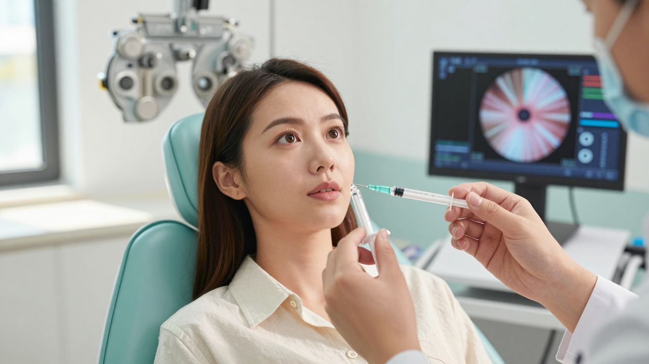 Kobieta podczas zabiegu medycznego na twarz wykonywanego przez lekarza w gabinecie.